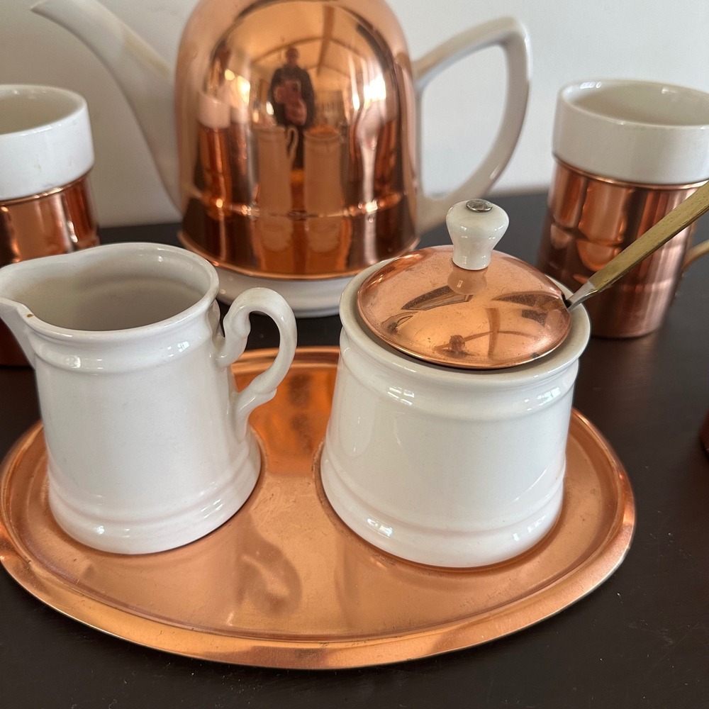 Vtg Baker Hart & Stuart Ceramic Copper Tea Set Teapot 4 Mugs Creamer 9pc Service - Picture 3 of 16